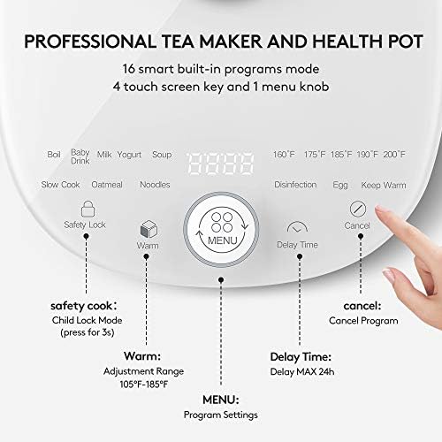 ICOOKpot Chaleira elétrica Controle de vidro Chá de chá de vidro Pote de chá de controle programável, 2 litros de chá de aço inoxidável
