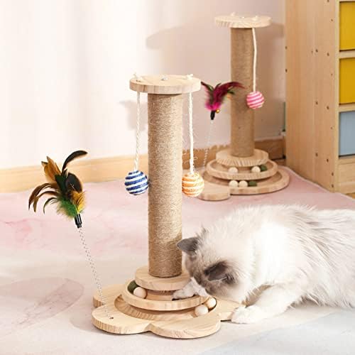 Postagem de arranhões de gato com bola pendurada, brinquedo de sisal sisal gatinho com pistas de madeira de 2 camadas,