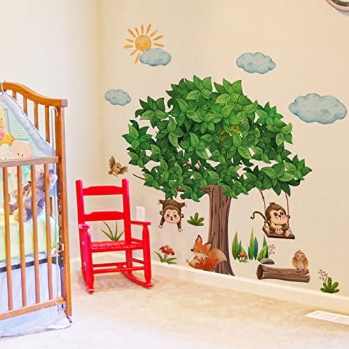 Miyalione macaco macaco verde árvore decalques de parede de selva adesivos de parede de animais para bebês infantil infantil garoto quarto salão de brincadeira decoração de arte diy