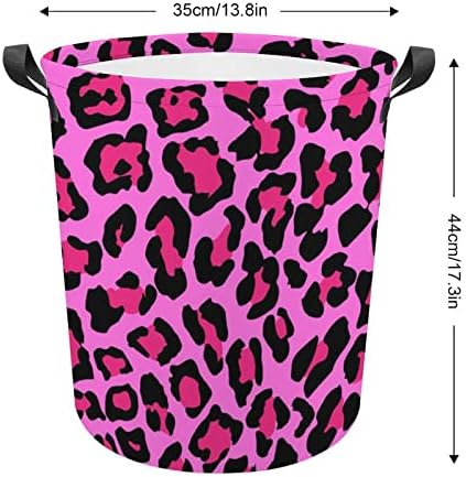 Cesto de lavanderia com estampa de leopardo rosa com alças de lavanderia de lavanderia arredondada cesta de armazenamento para banheiro