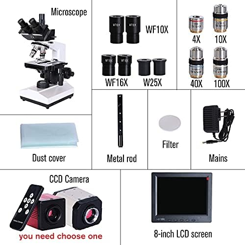 TJLSS Lab Professional Biológico HD TRINOCULAR Microscópio Zoom 2500x + Câmera CCD digital eletrônica USB + LCD de 8 polegadas