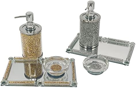 Conjunto de 3 conjuntos de acessórios de banheiro de cristal de diamantes esmagados, dispensador de loção para sabão, sabão e conjunto de bandejas espelhadas, conjuntos de organizações de bancada de vaidade, decoração de acessórios para banheiro