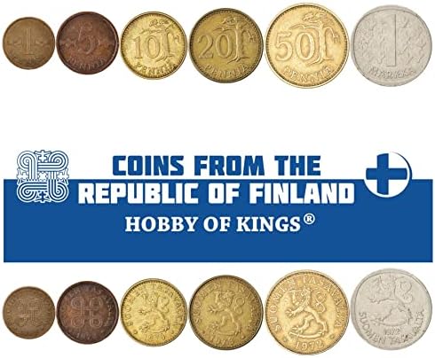 6 moedas da Finlândia | Coleção Finlandesa do Conjunto de Múcria 1 5 10 20 50 Pennia 1 Markka | Circulado 1963-1969 | Árvore