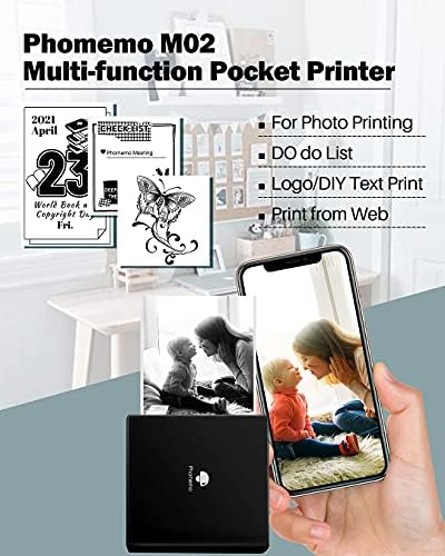 Phomemo Mini Note Impressora M02 OCK Thermal Bluetooth Mini Mobile Printer com 3 rolos, para imprimir fotos, texto, notas de estudo, adesivo de bricolage, presente, preto