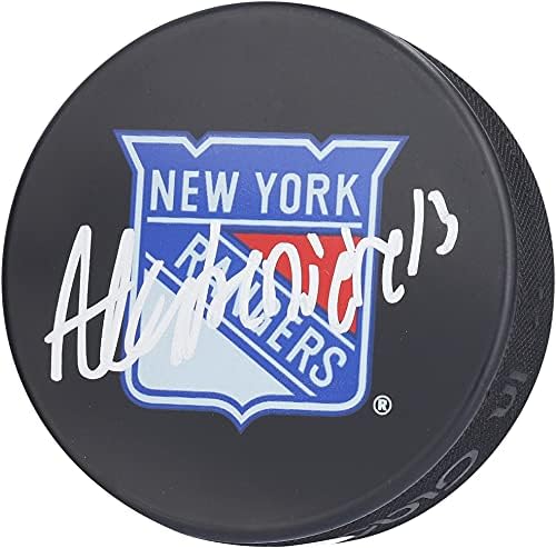 Alexis Lafreniere New York Rangers Autograpou Logo Hockey Puck - Deck superior - Pucks autografados da NHL