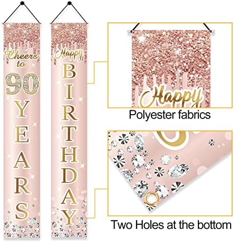 Decorações de aniversário de 90 anos Banner de porta para mulheres, manchas de ouro rosa rosa a 90 anos de idade, pano de fundo,