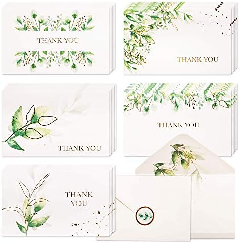 VNS Creations 100 Greenery & Gold Foil Cartões de agradecimento com envelopes e adesivos, variedade de caixas em caixas