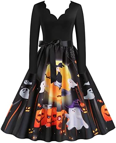 Vestido de manga longa gatxvg, fantasia de Halloween feminina, vestidos gráficos engraçados, trajes de pescoço em vil de pescoço com bowknot