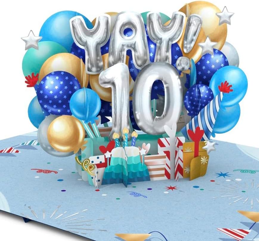 Balões Liif Blue Feliz 10º aniversário do 10º aniversário | CARTÃO POPELO DE GETURA 3D POPEL Birtday para 10 anos de idade, filho, neto, sobrinho | Diversão, Celetração, dez anos | Com nota de mensagem e envelope | Tamanho 7 x 5 polegadas