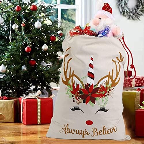 Bolsa de Natal 2pcs Christmas Papai Noel Sack, Unicorn Christmas Canvas Gift Bag com cordão, tamanho grande reutilizável Papai