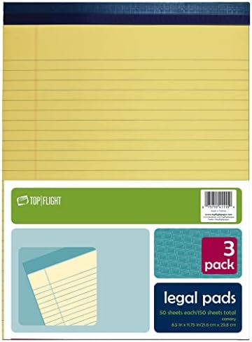 PAD legal de vôo superior, 8,5 x 11,75 polegadas, regra de 0,375 polegadas, canário, 50 folhas por almofada, 3 almofadas