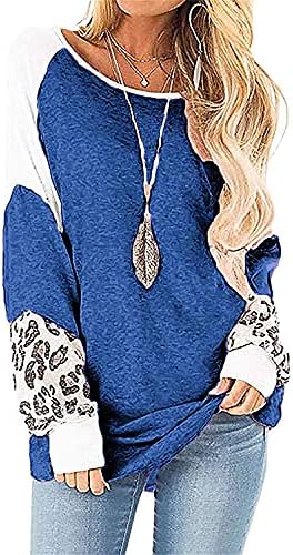 Bloco de cores para mulheres Leopardo Manga longa Casual Crewneck Lowneck Selta Waffle malha de camiseta superdimensionada