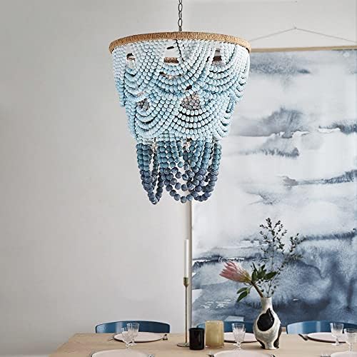 Luminária de lustre de miçangas de madeira jhbhqkx, pendente de fazenda boho pingente leve ilha rústica ilha de penduramento vintage, gradiente de madeira azul com miçangas ajustáveis.