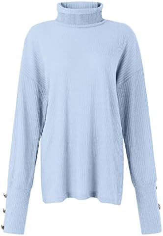 Suéteres femininos Turtleneck Top Pullover solto botão para cima de manga longa Camisa de fundo de malha de cor sólida
