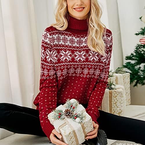 Suéter de Natal feminino com manga de neve com suéter de neve com suéter de luva de pescoço com pequenos suéters