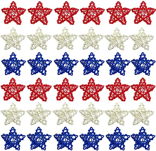 EBAOKUUP 36PCS 4 de julho Estrelas de vime natural, 1,96 polegada de vime branco e azul de 1,96 polegada Estrelas de vime para a Independence Day Home Decor