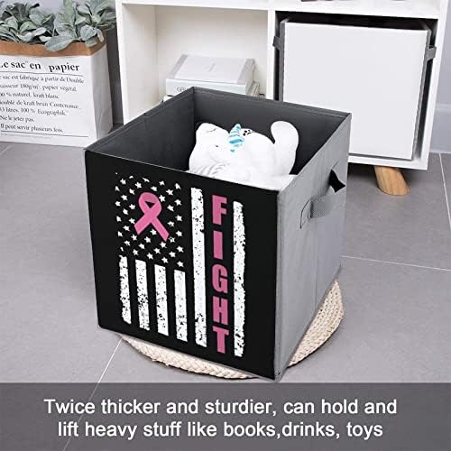 Bandeira americana com lutas contra o câncer Bins dobrável Bins Printd Fabric Cube Caskets com alças para brinquedos de roupas,