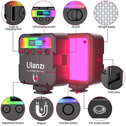 ULANZI VL49 RGB Video Lights+Selfie Mirror Kit para smartphone, suporte de telefone com sapato frio e espelho flip,