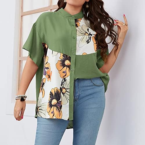 Tampas de tamanho grande feminino, algodão confortável e botão de linho para baixo, camisas para baixo, blusa de manga curta gráfica floral
