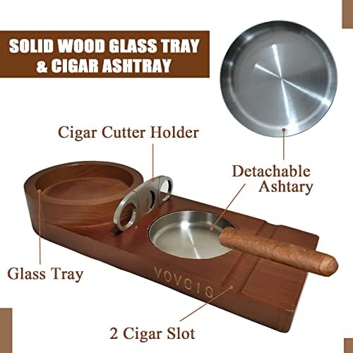 Coaster de cinzas de charuto, bandeja de vidro de uísque e suporte de charuto, bandeja de cinzas de madeira maciça com cortador
