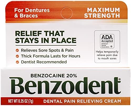 Benzodent Dor Dor Dor Creme para dentaduras e aparelhos, anestésico tópico, tubo de 0,25 onça