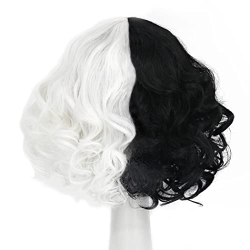 Juziviee Black and White Wigs para Cruelella figurino mulheres curtas perucas de cabelo ondulado curto com bonés de peruca fofas