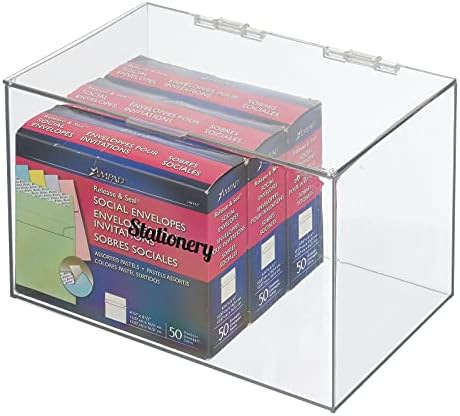 Mdesign Plattic empilhável Casa, material de material Organizador da caixa de organizador de armazenamento com tampa articulada - para pastilhas de anotações, canetas de gel, grampos, marcadores de apagamento a seco, fita - 6,5 de altura - inclui 32 rótulos - Limpo