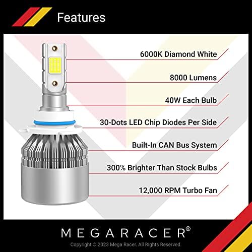 Mega Racer 9145/H10/9140/9155 Lâmpadas de nevoeiro LED, 6000k Diamond Branco 40W 8000 lúmens lumens LED CHIPS IP68 Classificação à prova d'água, pacote de 2