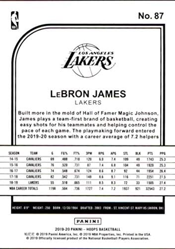 2019-20 Panini NBA Hoops #87 LeBron James Los Angeles Lakers Basketball Card