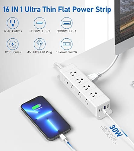 30W USB C Power Strip Surge Protector, Ultra Fin Fin Plug Power Strip 4 lateral 12 pontos de venda, Charing rápido PD,