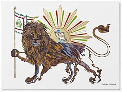 Leão persa e Sun Shir O Khoshid com Arte de Cerâmica Iraniana de Bandeira Irã, presente agora Ruz, obra de arte de Fariba Farsad - acabamento brilhante