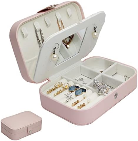 Caixa de jóias pequenas de STHCHUN, caixa de armazenamento de acessórios de viagem, capa de jóias pequenas portáteis de 2 camadas, couro PU com espelho, casos de organizador de jóias de viagem