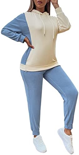 Roupas para mulheres conjuntos de 2 peças blocos coloridos retalhos de retalhos de manga longa com capuz tops e calças de calças