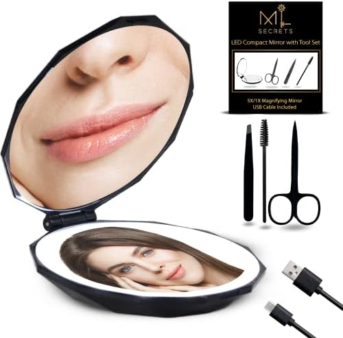 M&L Secrets LED Compact Mirror com ampliação de luz 1x/5x-3,8 Mão de mão 2 lises recarregáveis ​​pequenos espelho de bolso para bolsa e bolsa com kit de sobrancelha
