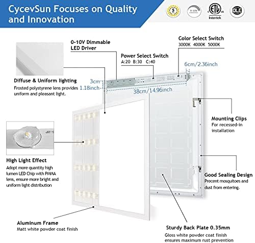 Cycevsun 2x2 LED Luz do painel plano, luz do teto solto 3 Temp cor selecionáveis ​​e 0-10V Dimmable, 20W/30W/40W Selectable, 100-277VAC, ETL, 4 pacote