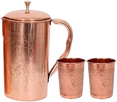 Conjunto de bebidas de cobre puro - jarro de água com 2 copos de cobre - jarro de cobre - conjunto de bebidas em copos - acabamento de emboss