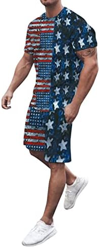 Mens treina americana Flag Print Tracksuit Set com bolsos Conjunto de traaces casuais para camiseta patriótica e shorts