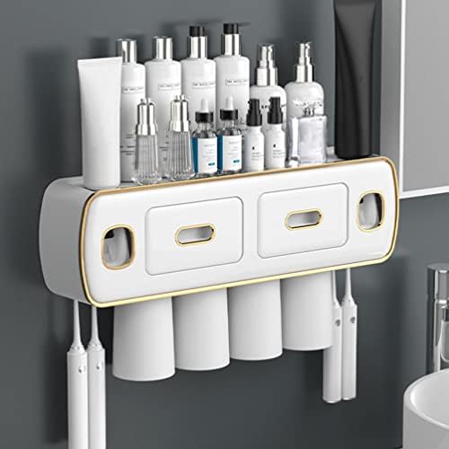 Portador de copo magnético Zerodeko Porco de escova de dentes montado na parede Dispensador de pasta de dente automática Organizador do banheiro com copos de escova de dentes de 4pcs para dispensador de pasta de dente para vaidade do banheiro