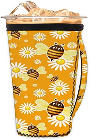 Bee amarelo de animal margarida branca reutilizável capa gelada com manga de neoprene para refrigerante, café com leite,