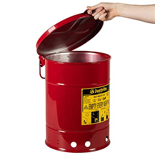 Justite 09110 Galvanized Steel oleoso Segurança de resíduos pode com a tampa operada manual, capacidade de 6 galões, vermelho