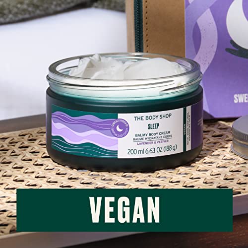 O Body Shop Sleep Sleep Balmy Body Cream, lavanda e vetiver - hidratante do corpo - prepara você para dormir - Body Vegan - 6,7oz