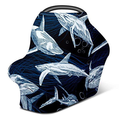 Tampas de assento de carro para bebês pintados tubarões -marinhos capa de enfermagem de cor azul escura Tampa de carrinho de cachecol de amamentação para bebês Multryuse Infant Carseat Canopy para meninos meninas, Presentes de chuveiro