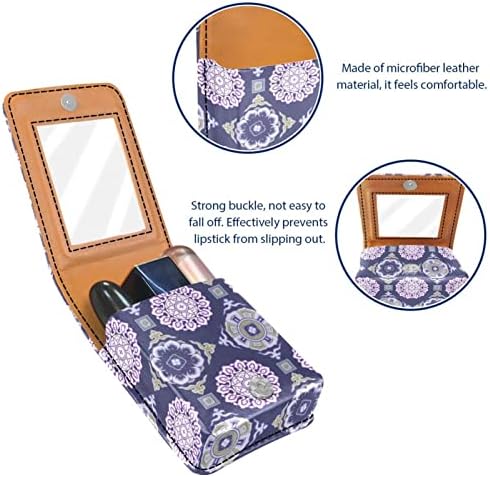 Mini maquiagem de Oryuekan com espelho, bolsa de embreagem Leatherette Lipstick Case, Padrão étnico Purple Flower Mandala Vintage