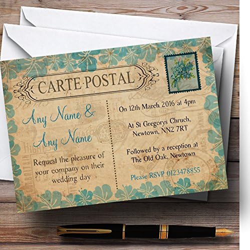 Carimbo de cartão postal vintage shabby chique rústico selo turquesa de casamento personalizado invi.