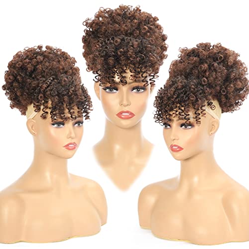 Desenho Afro Puff Drawstring Ponytail para mulheres negras Cabelas de cabelo encaracoladas com franja curta extensões de rabo de cavalo updo peças de cabelo