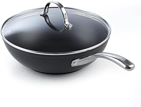 Cozinha o fundo plano padrão com tampa de 11 polegadas de 11 polegadas anodizadas wok pan de frita, preto