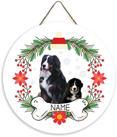 Placa de bem -vindo personalizada Bernese Mountain Dog & Puppy Wood Door Hanger Funny Animal Puppy Dog Wall Pleda Placa de Natal
