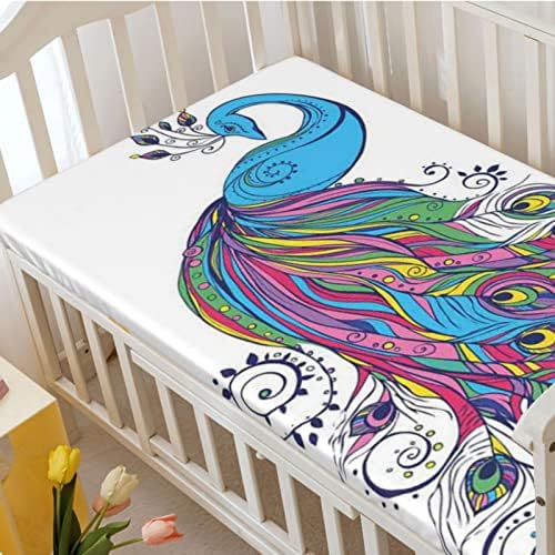 Folha de berço com tema com tema de pavão, lençol padrão de colchão de berço, lençol de fabricação de material para meninos, 28 “x52”, arco-íris azul