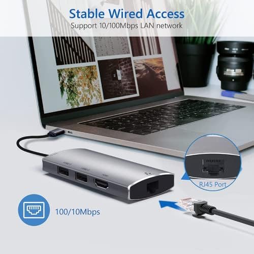 Hub Ethernet USB C, adaptador multitor de hub 5 em 1 USB C com porta Ethernet, 4K HDMI, 2 USB 2.0, Charging PD 86W,
