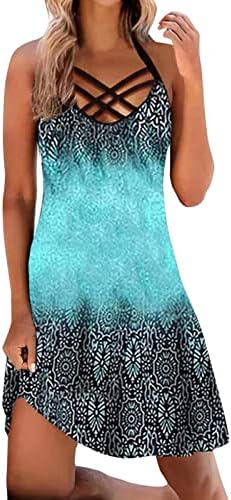 Mulheres vestido de verão vintage Cross Criss Strappy Mini Dress Beach Beach Boho Vestidos A-line Swing Sundress Dress Dress